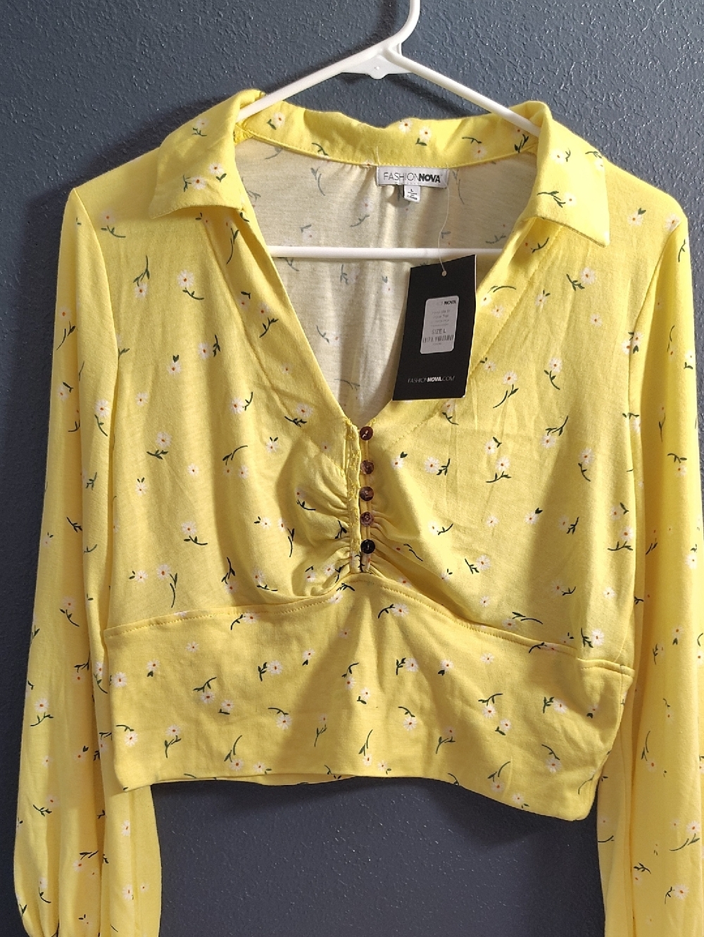 Fashion Nova Soft Yellow Floral Ruched Button Crop Top Long Sleeves
